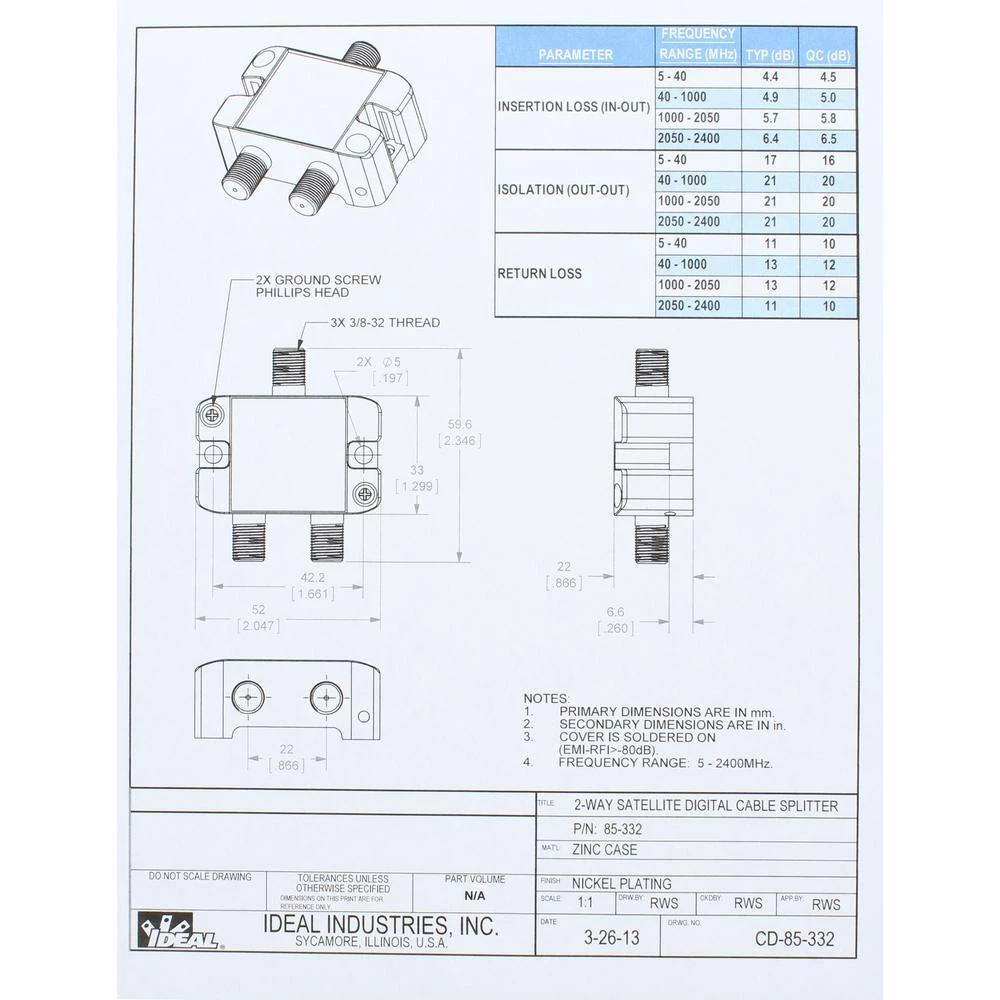 5 MHz - 2.4 GHz 2-Way Digital Splitter (Standard Package, 3 Splitters) by IDEAL 8 5 MHz - 2.4 GHz 2-Way Digital Splitter (Standard Package, 3 Splitters) by IDEAL - Image 8