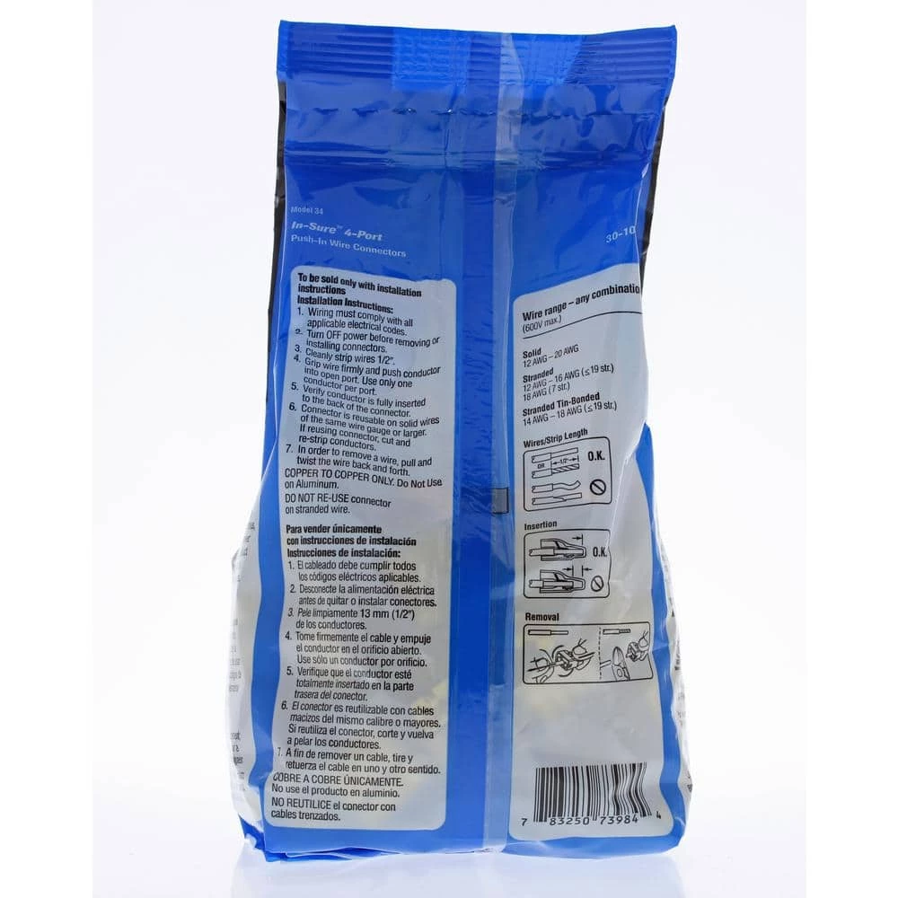 In-Sure Push-In Wire Connector, 4-Port - Yellow (100 Per Bag, Standard Package is 3 Bags) by IDEAL 4 In-Sure Push-In Wire Connector, 4-Port - Yellow (100 Per Bag, Standard Package is 3 Bags) by IDEAL - Image 4