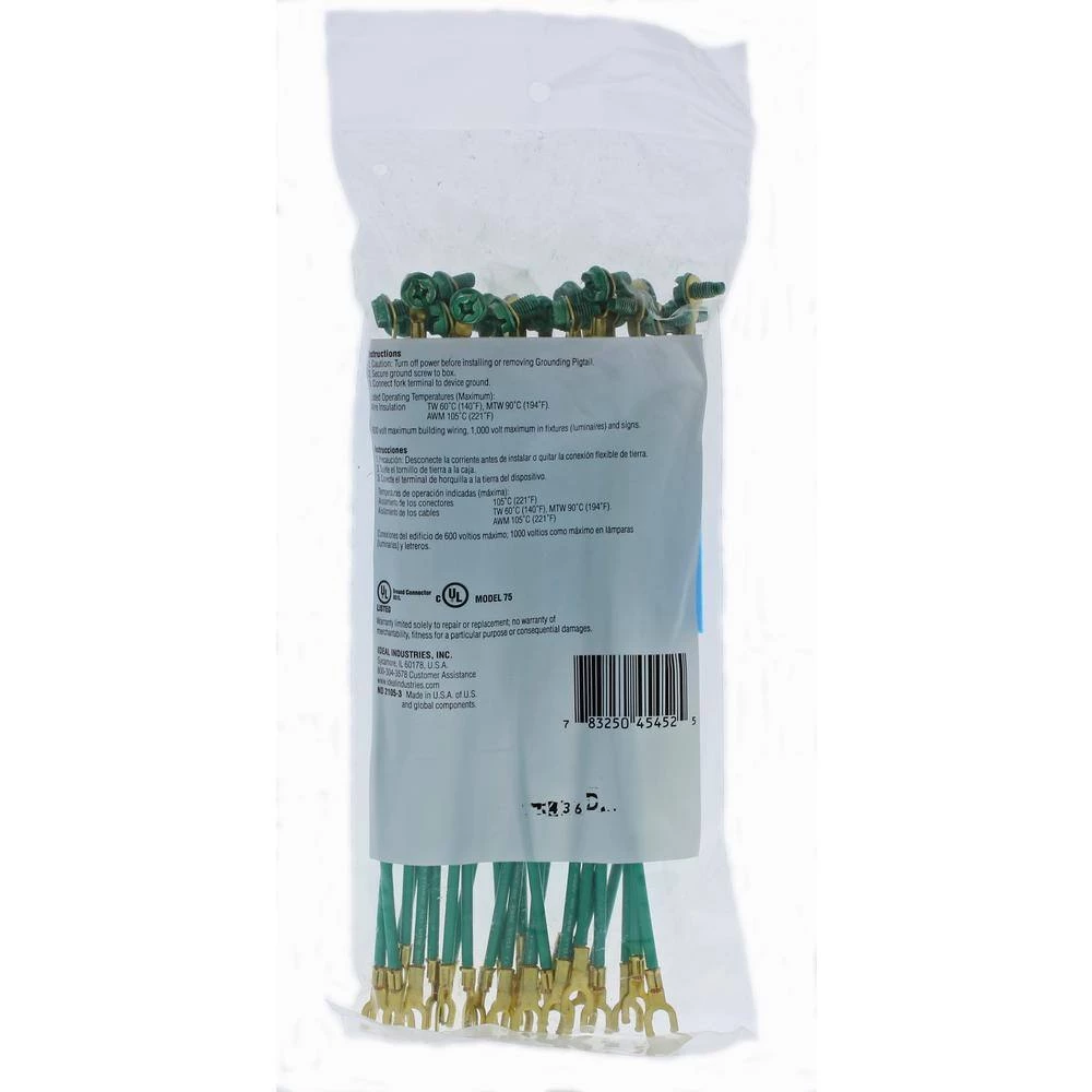 8 in. Grounding Pigtail 12 AWG Green Stranded Wire with #10 Fork/#10 Ring and Screw (25 per Bag) by IDEAL 2 8 in. Grounding Pigtail 12 AWG Green Stranded Wire with #10 Fork/#10 Ring and Screw (25 per Bag) by IDEAL - Image 2