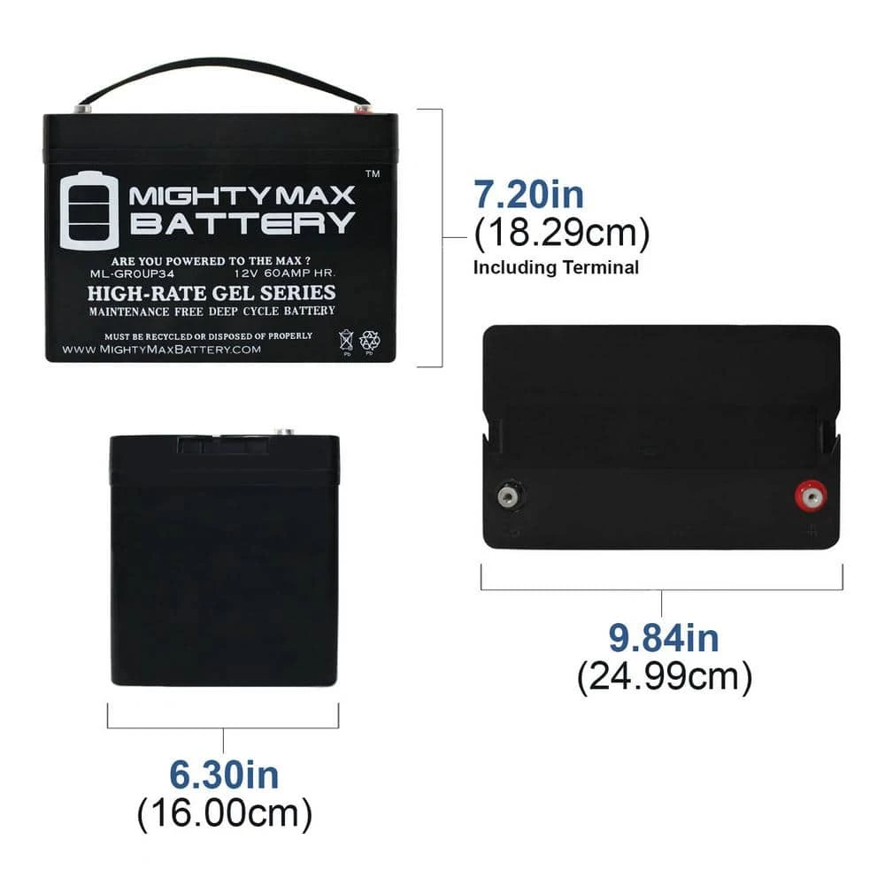 12-Volt 60 Ah GROUP 34 Gel Type Rechargeable Sealed Lead Acid (SLA) Battery by MIGHTY MAX BATTERY 2 12-Volt 60 Ah GROUP 34 Gel Type Rechargeable Sealed Lead Acid (SLA) Battery by MIGHTY MAX BATTERY - Image 2