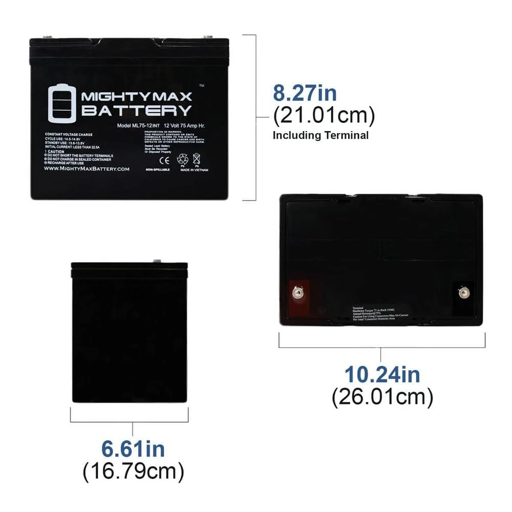 12-Volt 75 Ah Rechargeable Sealed Lead Acid (SLA) Internal Thread Battery by MIGHTY MAX BATTERY 2 12-Volt 75 Ah Rechargeable Sealed Lead Acid (SLA) Internal Thread Battery by MIGHTY MAX BATTERY - Image 2